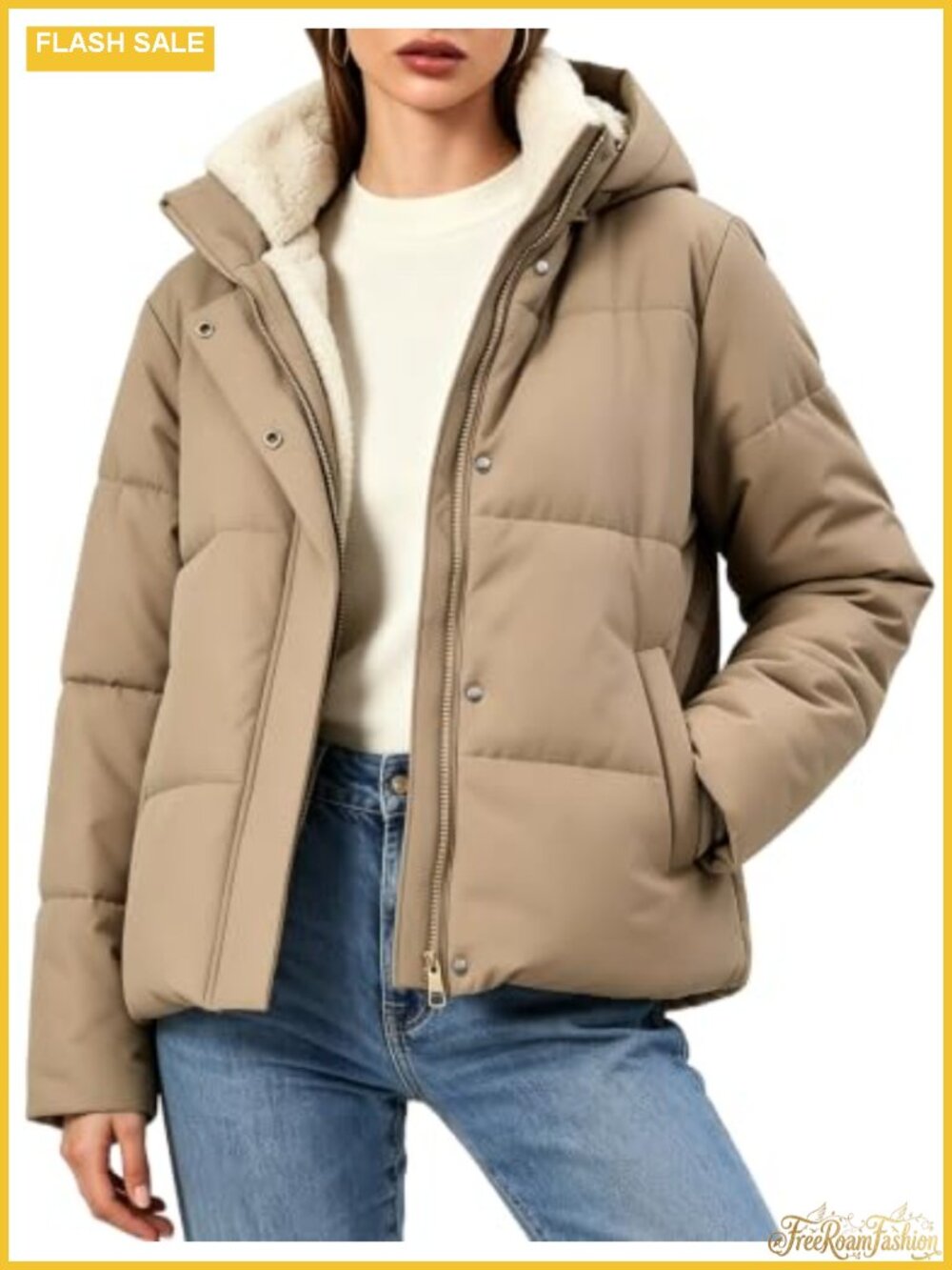 Quilted Puffer Jacket Sherpa Fleece Lined Zip Hooded Winter Coat